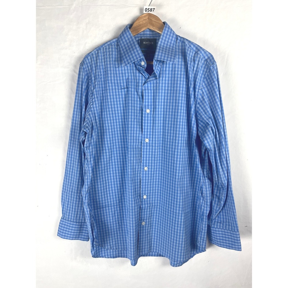 Bonobos Blue Stretch Slim Fit Plaid Buttondown Shirt 17.5 35